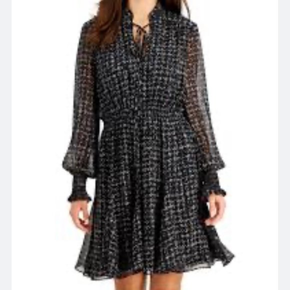TAYLOR Womens 2 Black Long Sleeve Knee Length Dress Elastic Waist Tie Neck - Picture 1 of 7